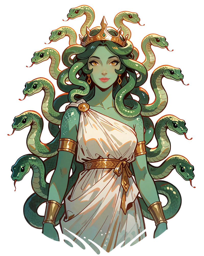 Medusa med slangeh&aring;r og hvid chiton vogter velkomsttavlen i Mino Casinos mytologiske tempel