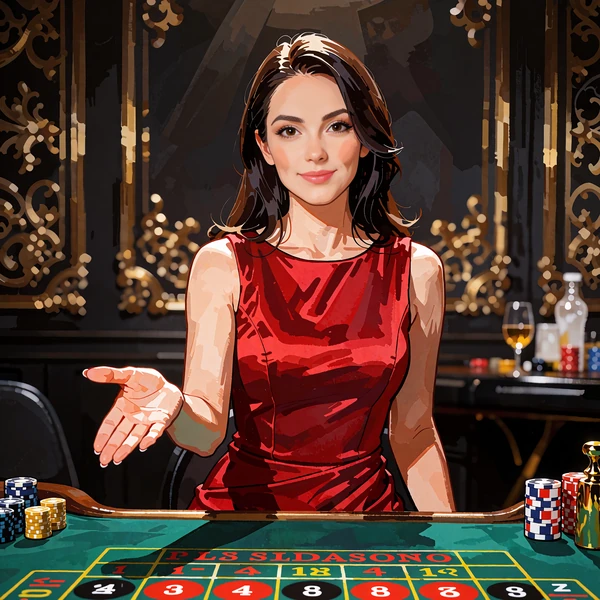Smilende dealer i r&oslash;d kjole ved et gr&oslash;nt rouletteboard i et live casino-studie med udsk&aring;rne guldpaneler