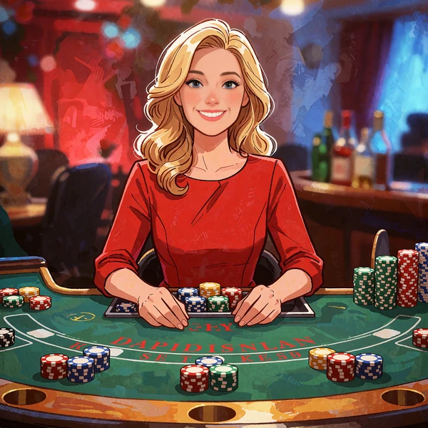 Blond dealer i r&oslash;d kjole bag et buet blackjackbord med stakke af jetoner i et live casino-studie