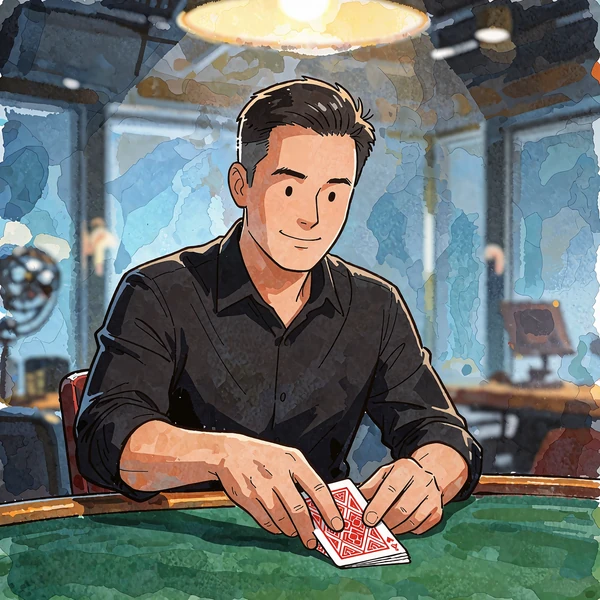 Mandlig dealer i sort skjorte, der deler spillekort ud over et gr&oslash;nt filtbord i et live casino-studie