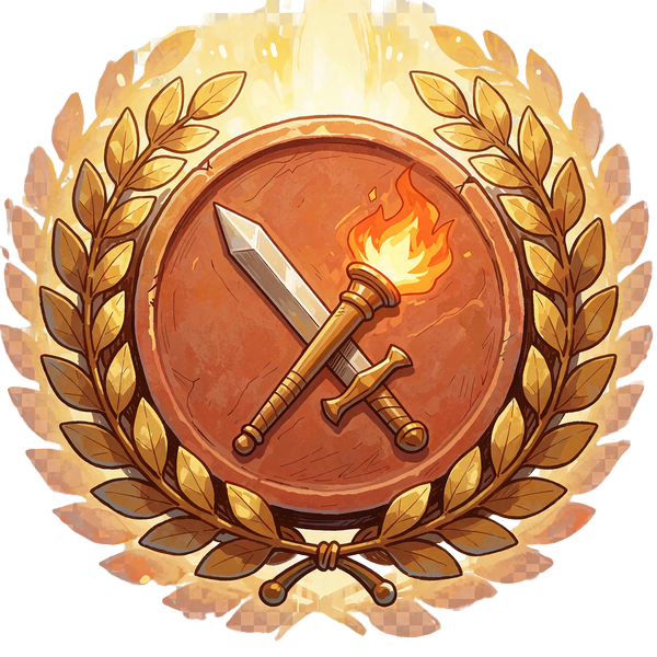 Terrakottamedaljon med gylden laurb&aelig;rkrans, sv&aelig;rd og fakkel - emblem for rangen Legend i VIP-programmet