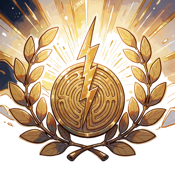 Gylden laurb&aelig;rkrone om en labyrintmedaljon med lynstr&aring;le og lysstr&aring;ler - emblem for rangen Immortal