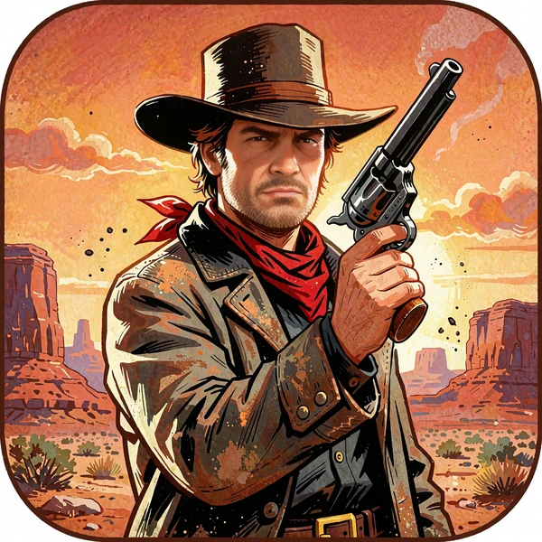 Cowboy med bred hat og revolver foran en solnedgang i &oslash;rkenkl&oslash;ften - spillebillede til slotten Wild West: Gold