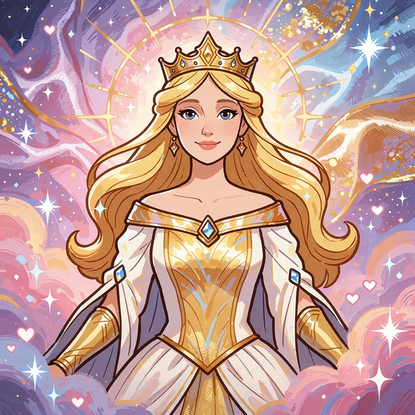 Prinsesse med gyldent h&aring;r og krone mellem stjerner og lilla t&aring;ger - spillebillede til slotten Starlight Princess