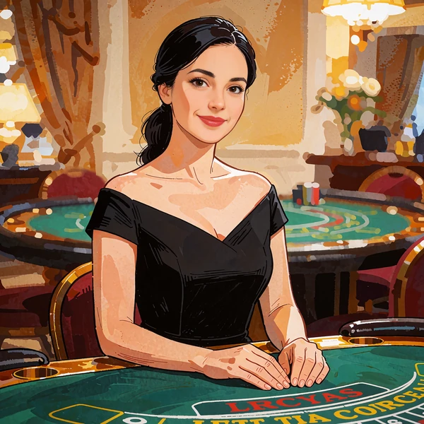 Dealer i sort skulderfri kjole med h&aelig;nderne p&aring; et gr&oslash;nt baccaratbord i et varmt oplyst live casino