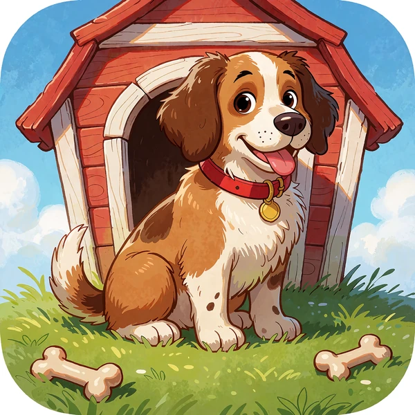 Glad brun hund i d&oslash;ren til et hundehus med r&oslash;dt tag p&aring; gr&oslash;n gr&aelig;spl&aelig;ne - spillebillede til Dog House Megaways